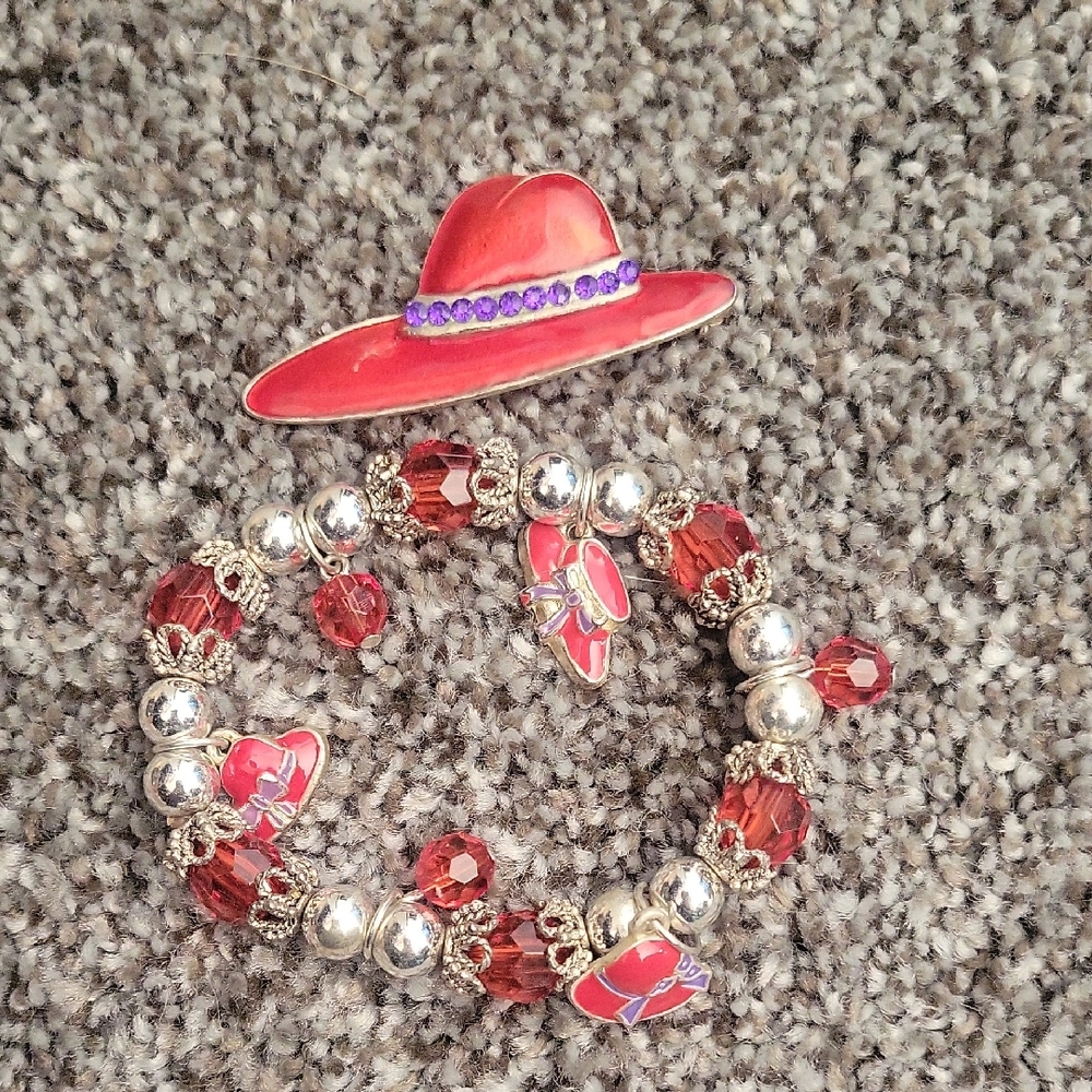 Vintage Red Hat Bracelet And Pin